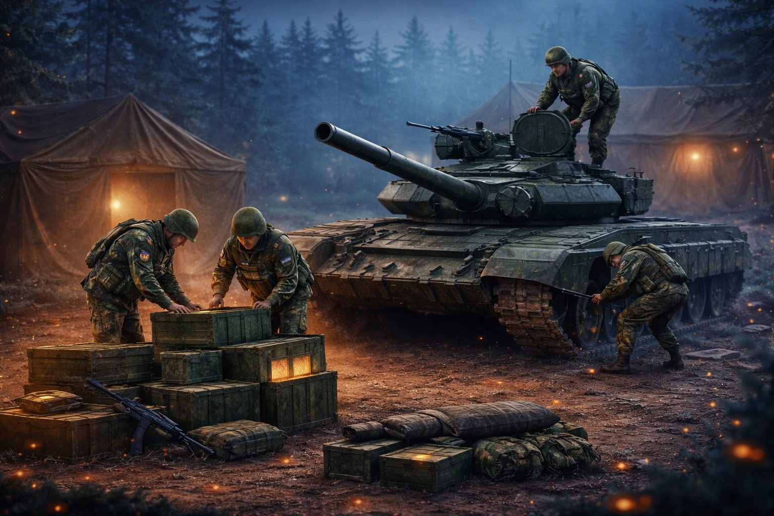Tank a posádka v poľnom tábore hry Tank Biatlon